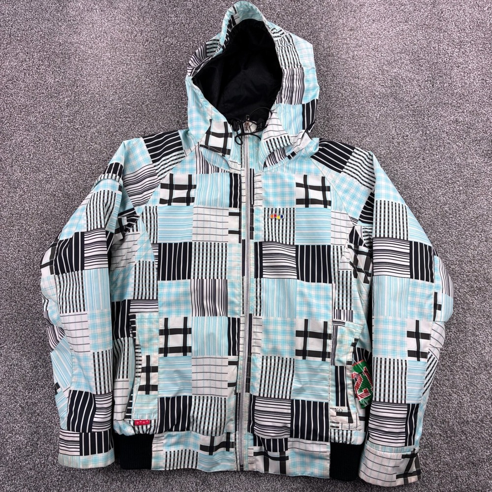Vintage Y2K Foursquare Snowboard Jacket Women's L Blue Striped Plaid 5K Ski